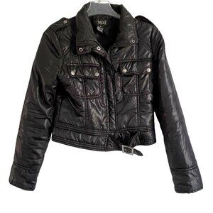 Taxi Black Polyester Full Zipper Crop Jacket with Buckle Medium